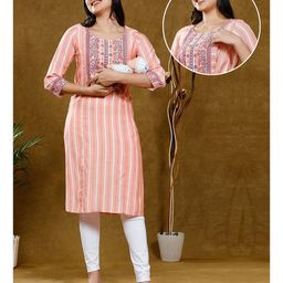 Dummy Shape Three Fourth Sleeves Floral Printed & Striped Maternity Kurta With Nursing Access - Orange-image-73