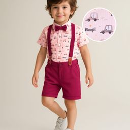 Babyhug Knit Half Sleeves Car Printed Shirt & Shorts Set with Bow & Suspender - Maroon & Light Pink-image-51