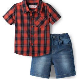 Babyhug Cotton Woven Half Sleeves Shirt & Short Set With Checks Print - Red & Blue-image-81