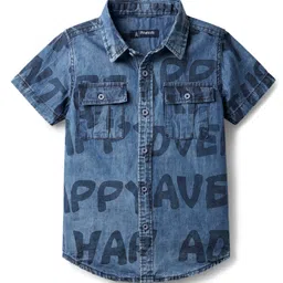 Pine Kids Woven Half Sleeves Washed Denim Shirt With Text Print - Blue-picture-5