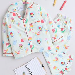 Knitting Doodles Pure Cotton Woven Full Sleeves Icecream Printed Coordinating Night Suit Set - Light Green-image-74