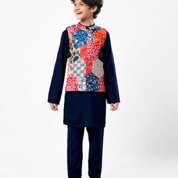 Pine Kids Woven Full Sleeves Kurta Pajama Set with Jacket & Ethnic Motif Print - Navy Blue-image-93