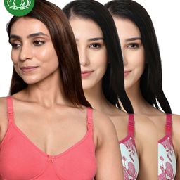 Inner Sense Organic Cotton Knit Pack Of 3 Solid & Floral Printed Antimicrobial Maternity Bras With Nursing Access - Multi Colour-picture-47