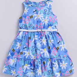 M'andy Woven Sleeveless Floral & Honey Bees Printed Dress With Belt - Blue-image-85