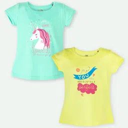 Ariel Cotton Knit Pack Of 2 Half Sleeves Unicorn & Typography Printed Tops - Green & Yellow-picture-1