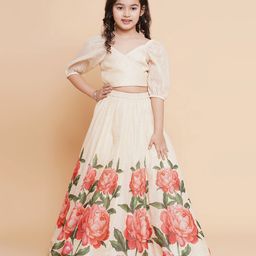 Bitiya By Bhama Silk Woven Three Fourth Puffed Sleeves Floral & Chevron Printed Lehenga Choli Set - Beige-image-96