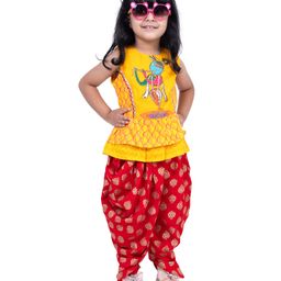 Twisha Cotton Woven Sleeveless Lord Krishna Printed & Beaded Top & Dhoti Set - Yellow & Red-image-53