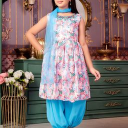 BAESD Girls Geometric Printed Round Neck Stone & Beads Work Kurt With Patiala & Dupatta-image-44