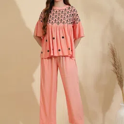 Sringam Embroidered Round Neck Short Sleeves Pure Cotton Top With Palazzo-image-7