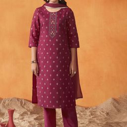 Anouk Floral Printed Thread Work Straight Kurta With Trousers And Dupatta-9