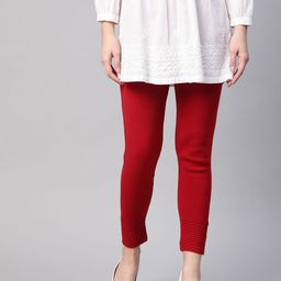 W Women Red Solid Knitted Winter Leggings-image-4