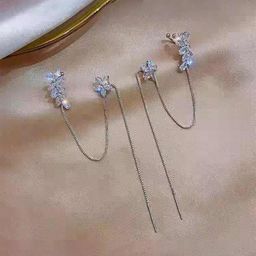 DressBerry Korean Silver-plated Floral Cubic Zirconia Studded Contemporary Drop Earrings-36