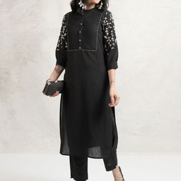 Vishudh Women Floral Embroidered Regular Pure Cotton Kurta with Trousers-image-5