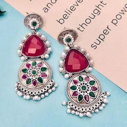 Anouk Silver Plated Artificial Stones Studded & Beaded Circular Shaped Drop Earrings-picture-8