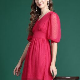 Mast & Harbour Women V-Neck Self Design Puff Sleeve A-Line Mini Dress-image-78