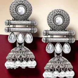 OOMPH Silver Plated Kundan Studded Oxidised Dome Shaped Jhumkas-image-15