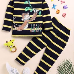 Little Marine Full Sleeves MonkeyPrinted Night Suit - Blue Yellow-image-43