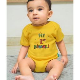 Zeezeezoo Half Sleeves Diwali Theme My First Diwali Text Printed Onesie - Yellow-image-18