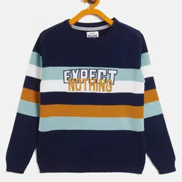 RVK Full Sleeves Rugby Striped & Expect Nothing Text Embroidered Acrylic Pullover Sweater - Navy Blue-picture-34