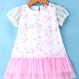 ToffyHouse 100% Cotton Woven Half Sleeves Drop Waist Party Frock with Beach Theme Print - Pink-picture-25