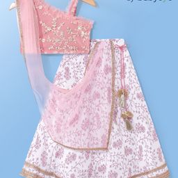 Babyoye  Cotton Woven Sleeveless Choli & Lehenga Set with Dupatta Floral  Embroidery Detailing- Pink-image-48