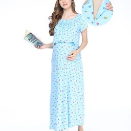 Bella Mama 100% Cotton Knit Half Sleeves Nighty with Concealed Zipper Heart Print - Blue-picture-31