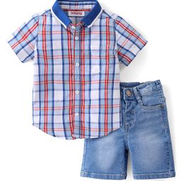 Babyhug Cotton Knit Half Sleeves Regular Collar Checkered Shirt & Denim Shorts Set - Multicolor-image-4