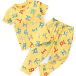 Babyhug Cotton Knit Half Sleeves Alphabets Printed Night Suit - Yellow-image-19