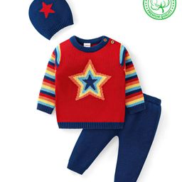 Babyhug Knit Full Sleeves Sweater Set with Cap Star Design - Red & Navy-image-23
