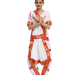 Itsmycostume Satin Half Sleeves Bharatnatyam Theme Costume Set - White-image-30