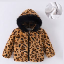 Kookie Kids Full Sleeves Hooded Fur Jacket With Cheetah Print Design - Brown-22