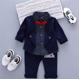 Googo Gaaga Cotton Full Sleeves Solid Blazer With Attached Polka Dots Printed Shirt Bow & Trousers - Navy Blue-image-71