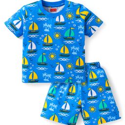 Babyhug Cotton Knit Half Sleeves Shorts Night Suit With Beach Theme Print - Blue-image-52