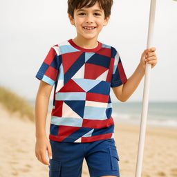 OLLINGTON ST. Sinker Knit Half Sleeves T-Shirt & Shorts Set With Abstract Print - Navy Blue & Maroon-image-81