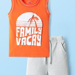 Babyhug Single Jersey Knit Sleeveless Tank T-Shirt & Shorts Set with Beach Theme Print - Orange & Light Grey-image-34