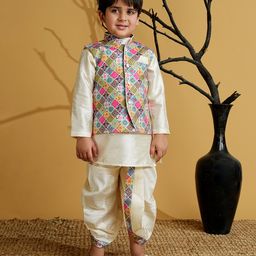 AJ Dezines Silk Blend Woven Full Sleeves Solid Kurta & Dhoti With Ethnic Printed Jacket Set - Multi Colour-image-97