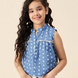 StyloBug Cotton Woven Sleeveless Floral Embroidered Lace Detailed Top - Blue-image-29