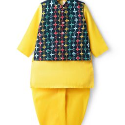 Babyhug Cotton Woven Full Sleeves Kurta Dhoti & Floral Embroidered Jacket Set - Yellow-picture-25