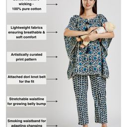 True Shape Half Batwing Sleeves Abstract Printed Maternity Kaftan Tunic Top With Concealed Zipper Nursing Access & Stretchable Coordinating Pant Set - Blue image 3