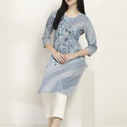 Rangriti Floral Printed Round Neck Cotton Thread Work Straight Kurta-image-91