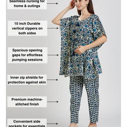 True Shape Half Batwing Sleeves Abstract Printed Maternity Kaftan Tunic Top With Concealed Zipper Nursing Access & Stretchable Coordinating Pant Set - Blue image 4