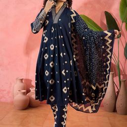 Sangria Geometric Printed V-Neck Pleated Pure Cotton A-Line Kurta With Trouser And Dupatta-1