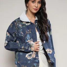 Campus Sutra Women Spread Collar Floral Printed Lightweight Denim Cotton Jacket-picture-21