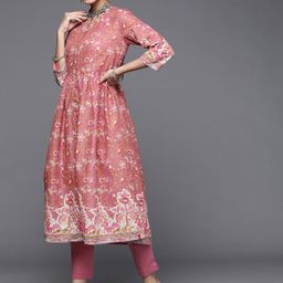 Biba Women Pink Printed A-Line Pure Cotton Kurta with Trousers-image-96