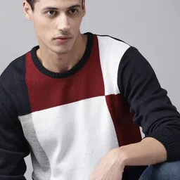 Roadster Men Navy Blue & Maroon Acrylic Colourblocked Pullover-image-41
