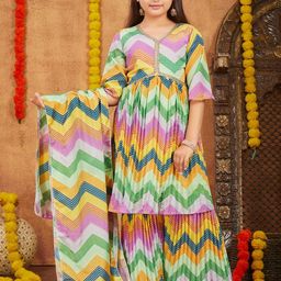 Sangria Girls Bandhani Printed V-Neck Gotta Patti Pure Silk Kurta & Sharara With Dupatta-picture-27