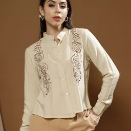 Boho By Athena Embroidered Mandarin Collar Cotton Top-image-27