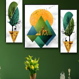 Aura White & Gold-Toned 3 Pieces Wood Tree And Deer Wall Paintings-18