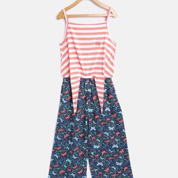 Allen Solly Junior Girls Coral & White Blue Striped Floral Print Basic Jumpsuit-image-30