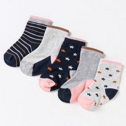 Cute Walk by Babyhug Non Terry Cotton Knit Ankle Length Anti Bacterial Socks Stars Design Pack of 5 - Grey & Black-image-4